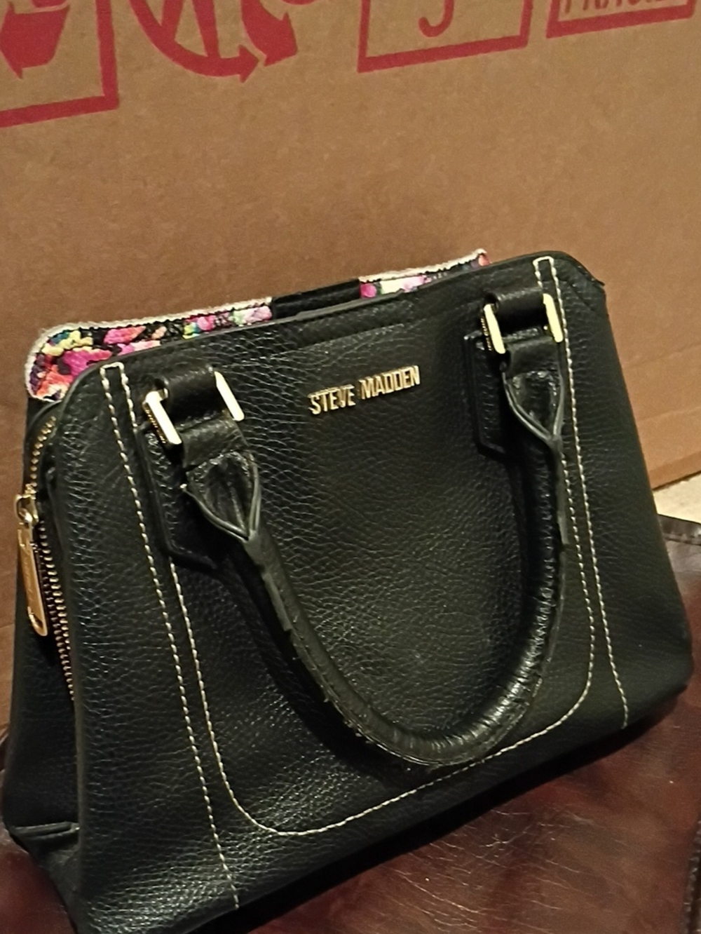 Steve Madden Black Satchel with Multicolor Floral Trim